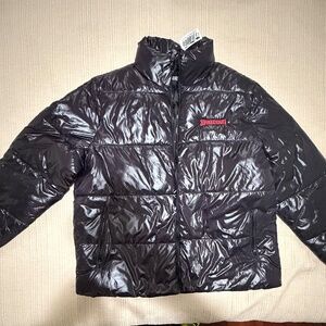 Spalding Men’s Black Puffer Varsity Jacket Winter Coat Satin Bomber 2xl